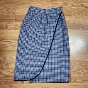 Vtg LOURBIGO 100% Pure Wool Plaid Wrap Skirt Made in Japan M Blue Gray Check